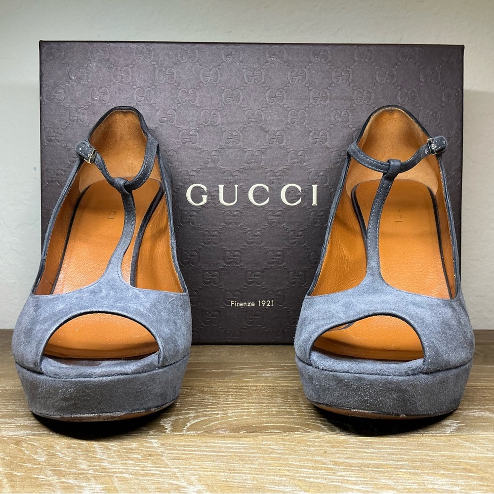 Gucci Betty Grey Suede Peep-Toe T-strap Platform Pump Womens Size 37.5 - Picture 5 of 14